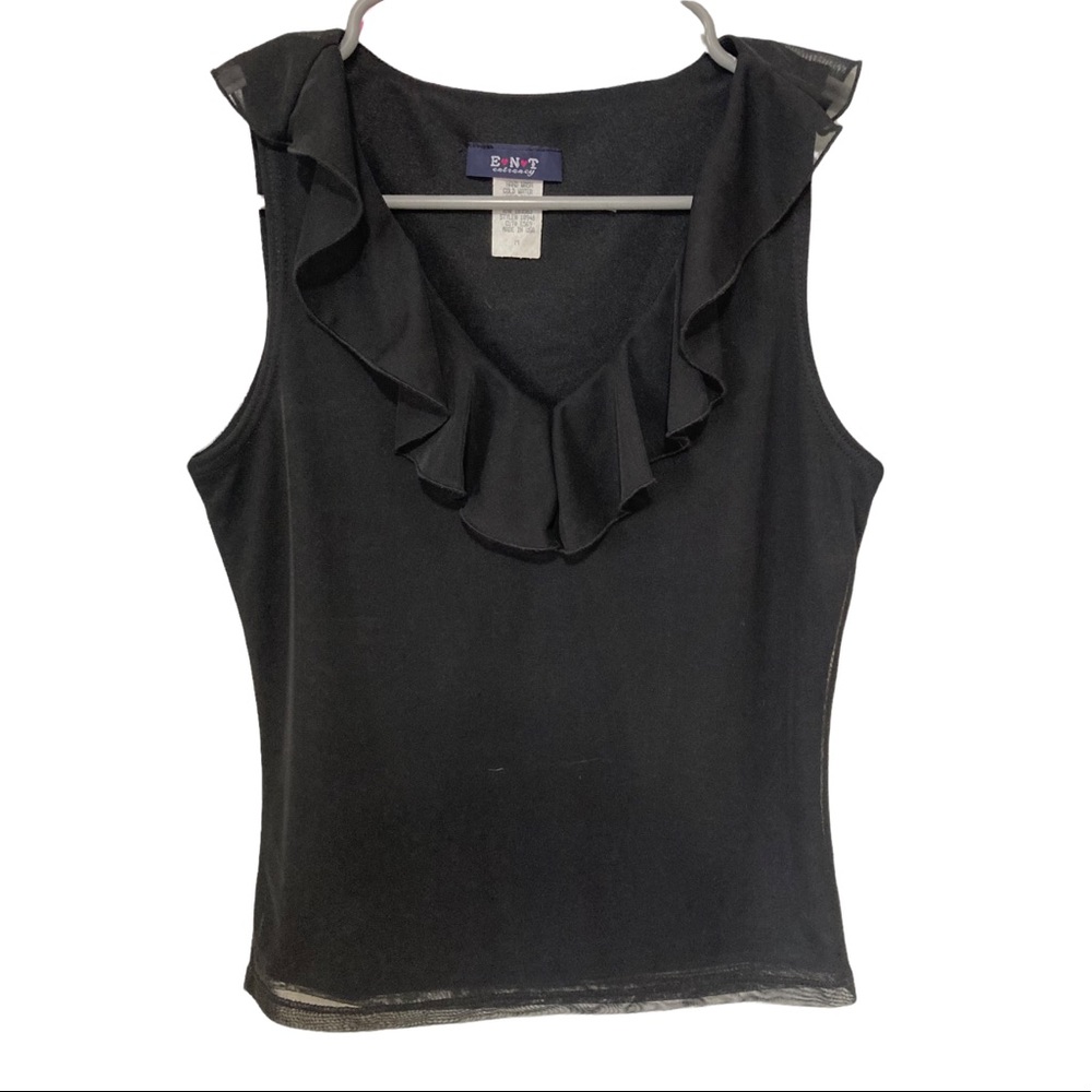 Y2k Mesh Overlay Ruffle Neckline Cami Tank Top Black “Vintage”